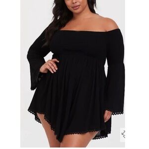 BLACK SMOCKED OFF SHOULDER DRESS SWIM COVER UP